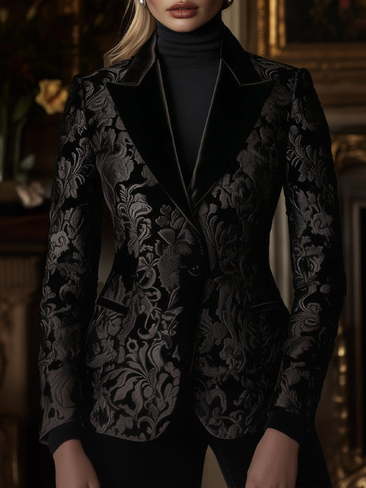 Black Baroque Jacquard Blazer with Velvet Lapels and Intricate Floral Pattern