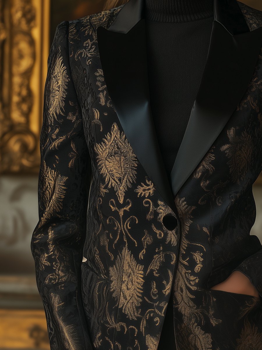 Black Satin Jacquard Blazer with Gold Embossed Floral Patterns