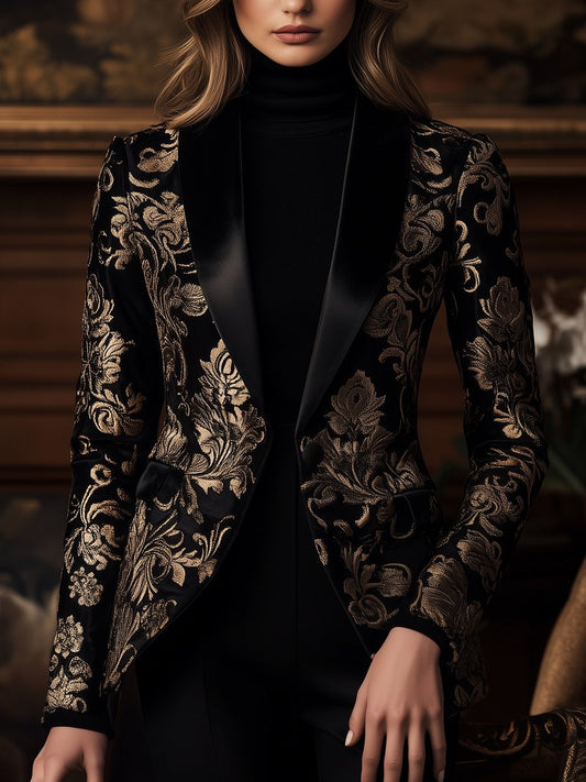 Black Jacquard Blazer with Baroque Gold Floral