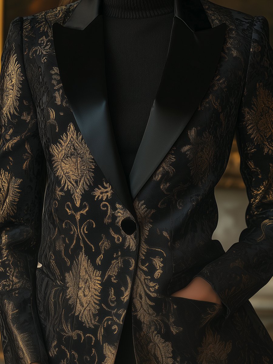 Black Satin Jacquard Blazer with Gold Embossed Floral Patterns