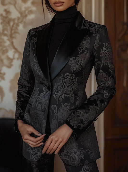 Black Satin Jacquard Blazer with Elegant Baroque Patterns