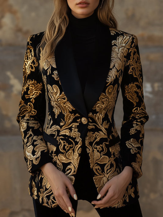 Black Jacquard Blazer with Luxurious Gold Floral Pattern