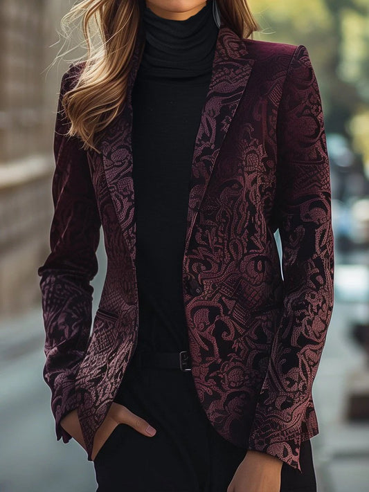 Burgundy Jacquard Blazer with Intricate Floral Pattern